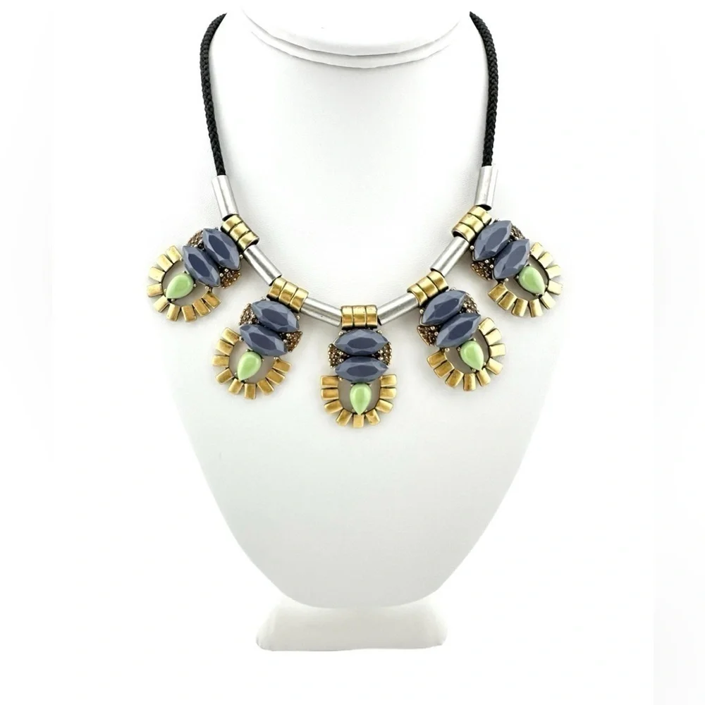 J Crew Necklace, Slate Mint Green w Silver & Gold Tone Metal Slide & Black Cord